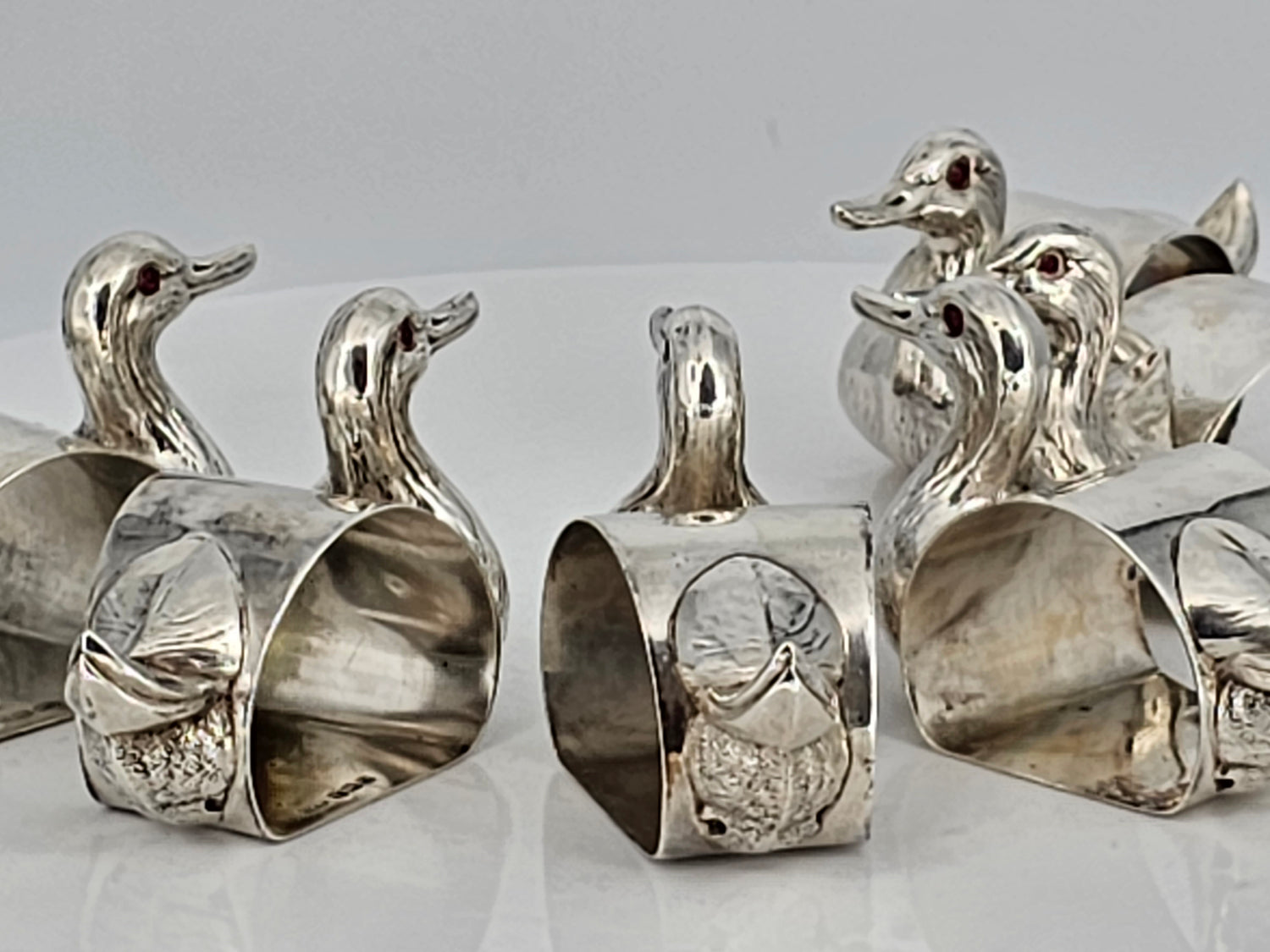 Stunning & Rare Antique Set Of Six Solid Silver Duck Napkin Rings - C1930s - Lee Sherman Antiques