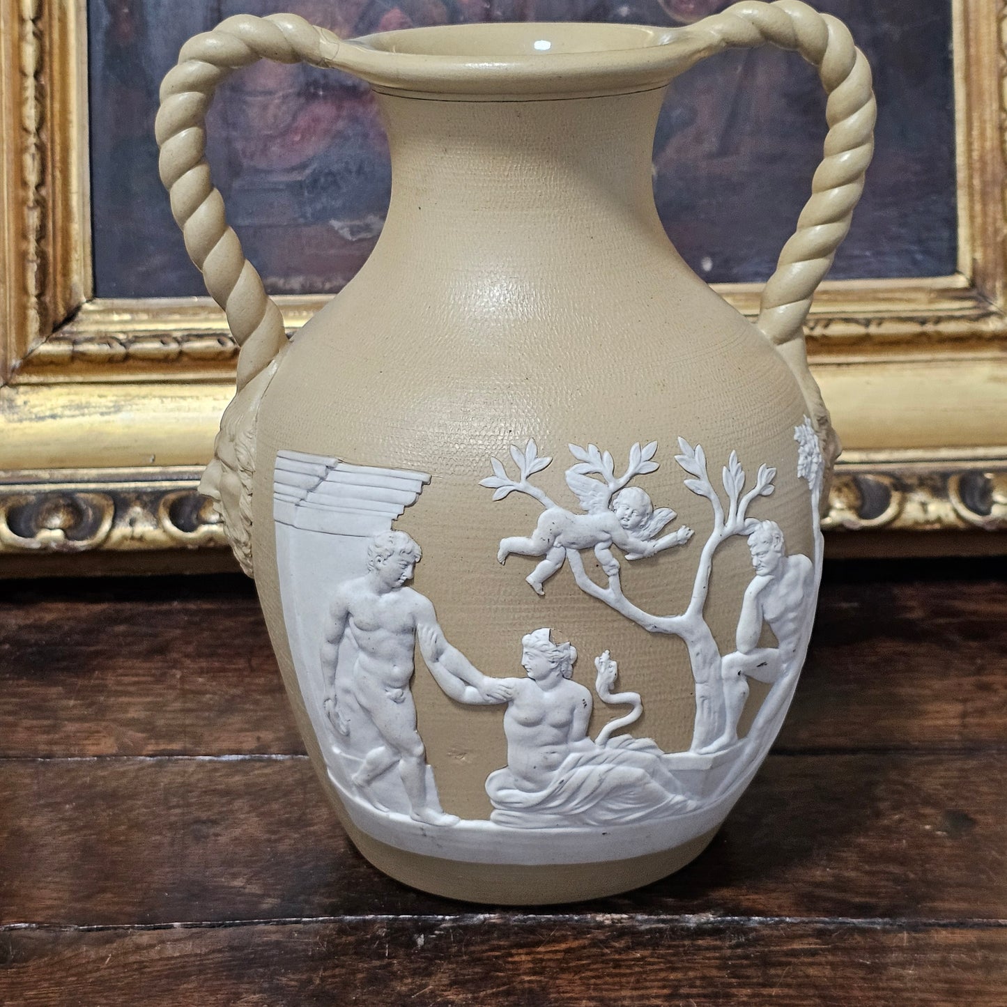 David Wilson & Sons rare Staffordshire Vase of sand/beige stoneware with applied cream reliefs c1810