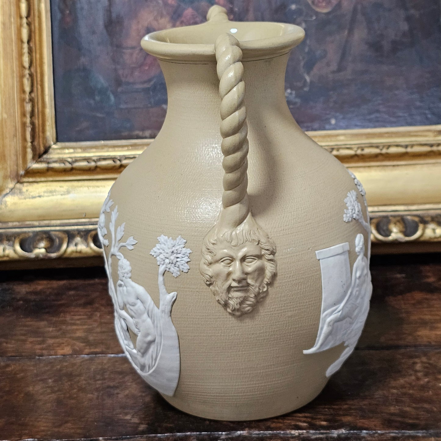 David Wilson & Sons rare Staffordshire Vase of sand/beige stoneware with applied cream reliefs c1810