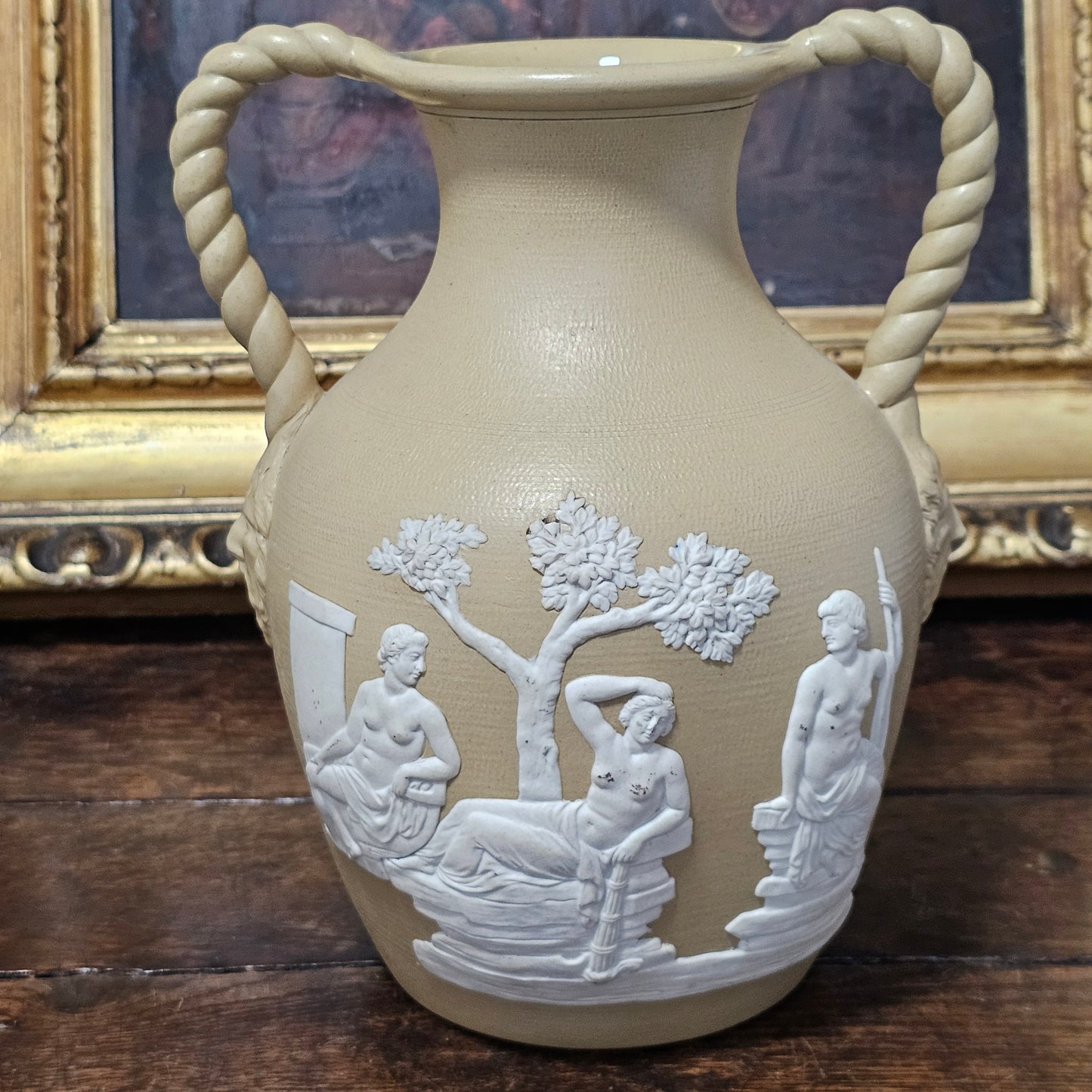 David Wilson & Sons rare Staffordshire Vase of sand/beige stoneware with applied cream reliefs c1810