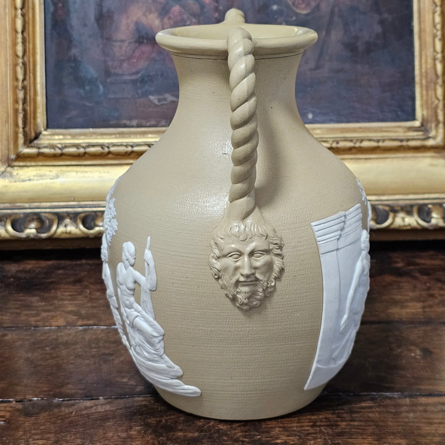 David Wilson & Sons rare Staffordshire Vase of sand/beige stoneware with applied cream reliefs c1810