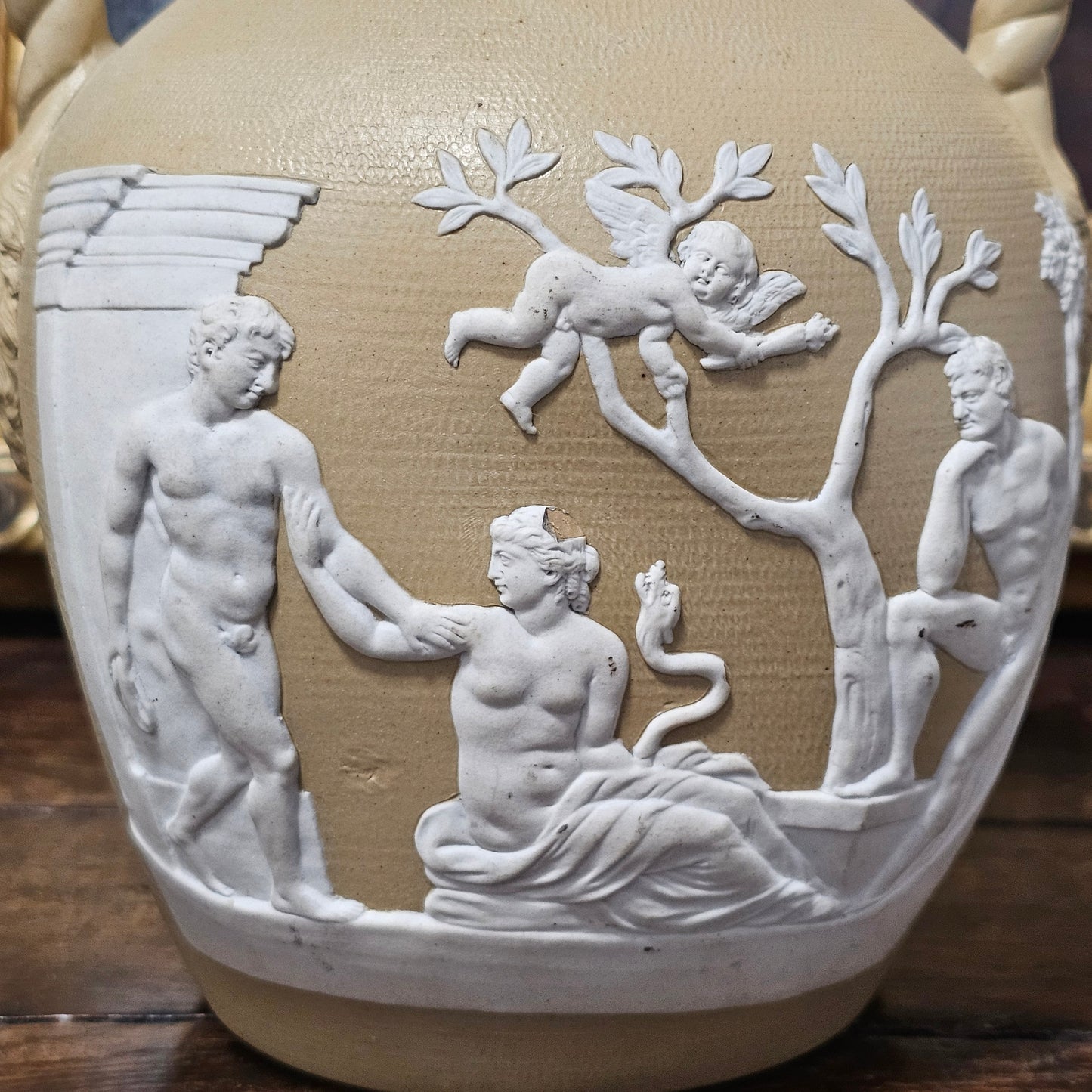 David Wilson & Sons rare Staffordshire Vase of sand/beige stoneware with applied cream reliefs c1810