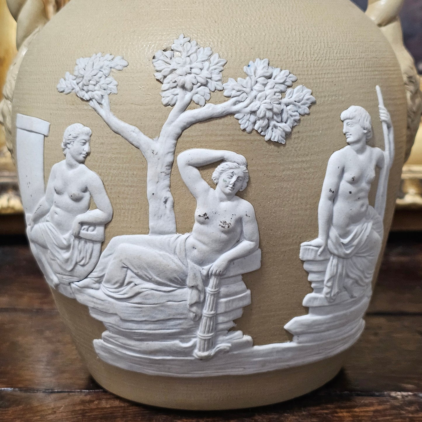 David Wilson & Sons rare Staffordshire Vase of sand/beige stoneware with applied cream reliefs c1810