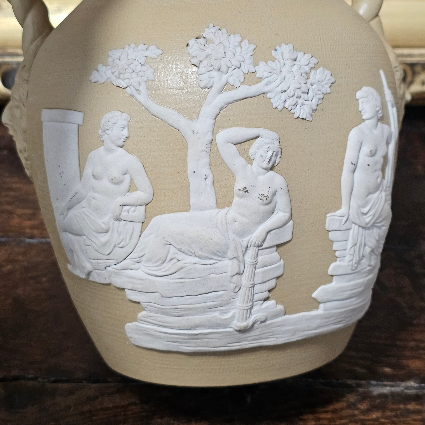 David Wilson & Sons rare Staffordshire Vase of sand/beige stoneware with applied cream reliefs c1810