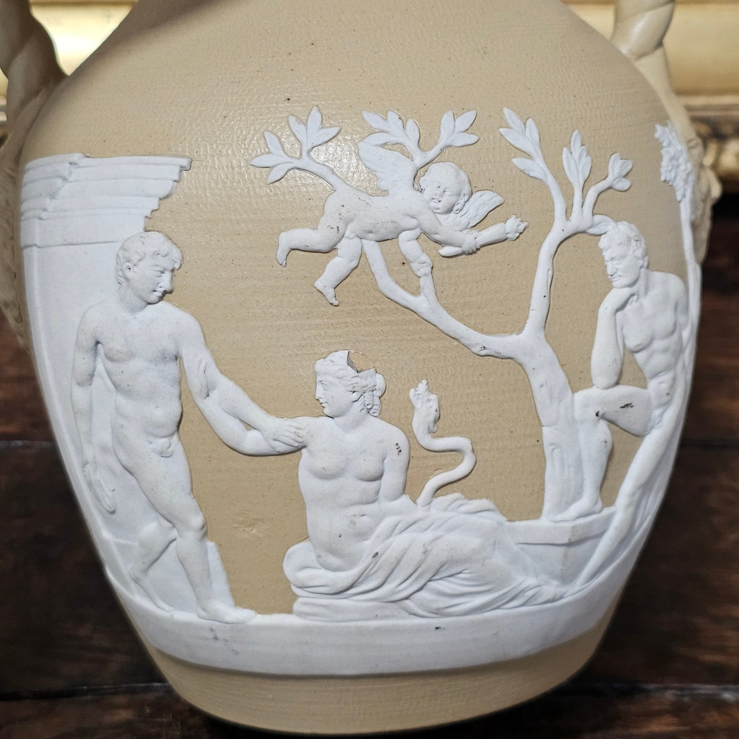 David Wilson & Sons rare Staffordshire Vase of sand/beige stoneware with applied cream reliefs c1810