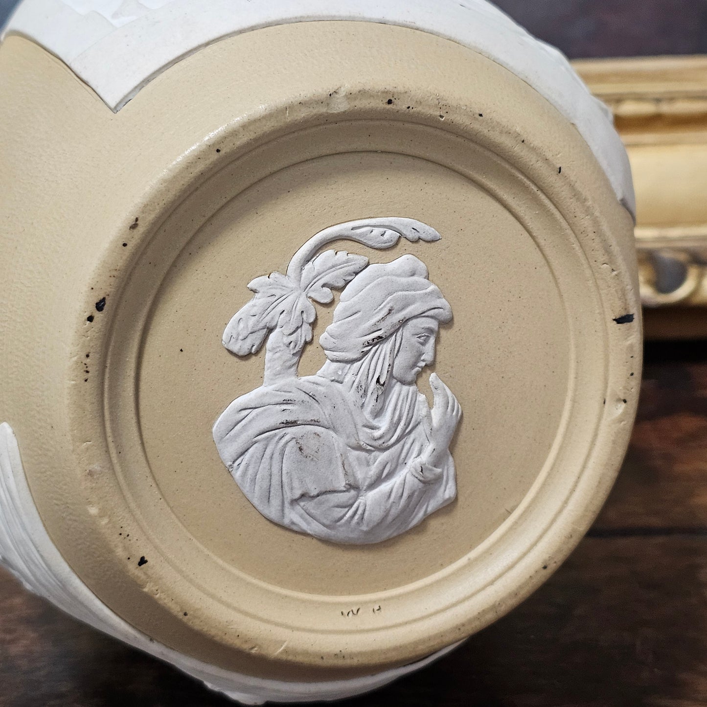David Wilson & Sons rare Staffordshire Vase of sand/beige stoneware with applied cream reliefs c1810