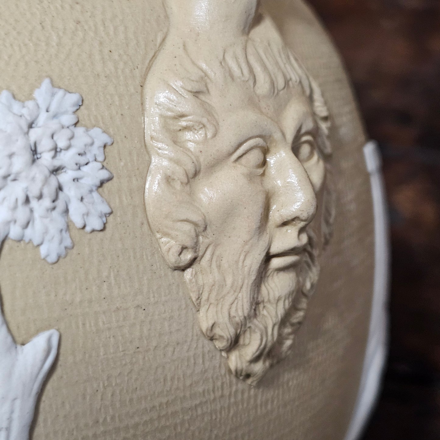 David Wilson & Sons rare Staffordshire Vase of sand/beige stoneware with applied cream reliefs c1810