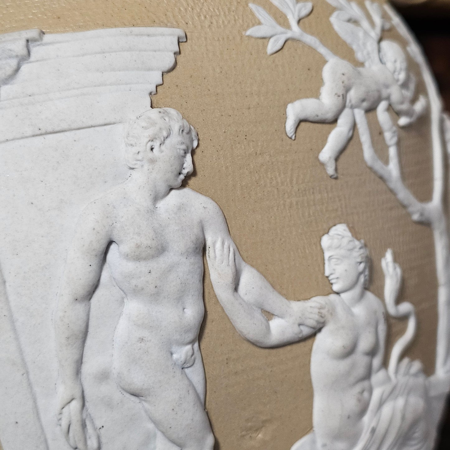 David Wilson & Sons rare Staffordshire Vase of sand/beige stoneware with applied cream reliefs c1810