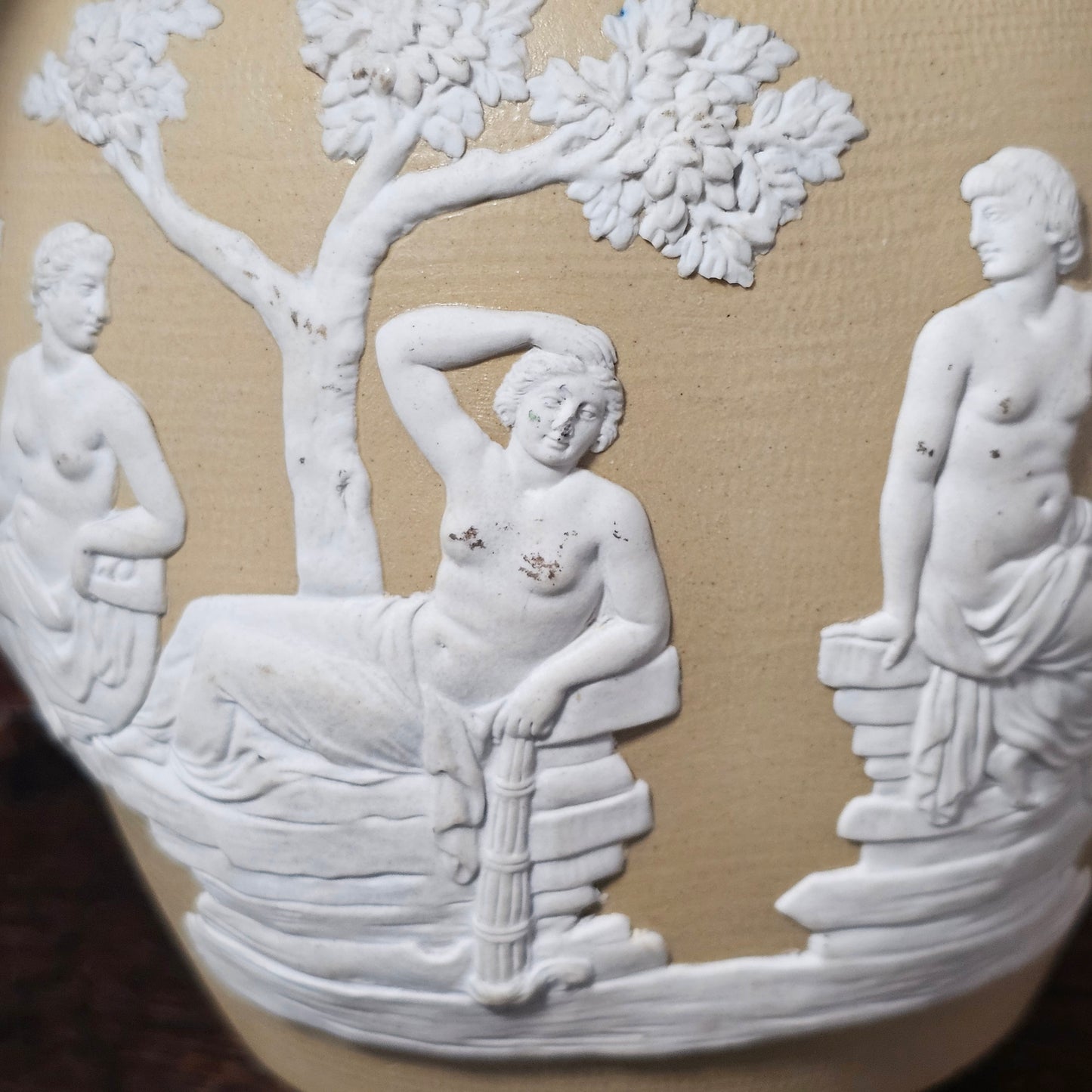 David Wilson & Sons rare Staffordshire Vase of sand/beige stoneware with applied cream reliefs c1810