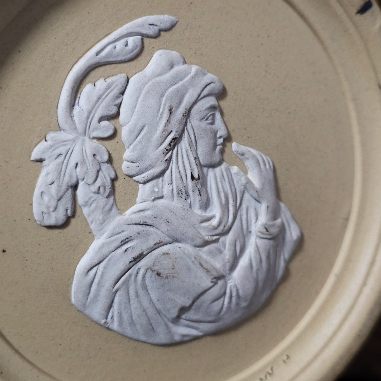 David Wilson & Sons rare Staffordshire Vase of sand/beige stoneware with applied cream reliefs c1810