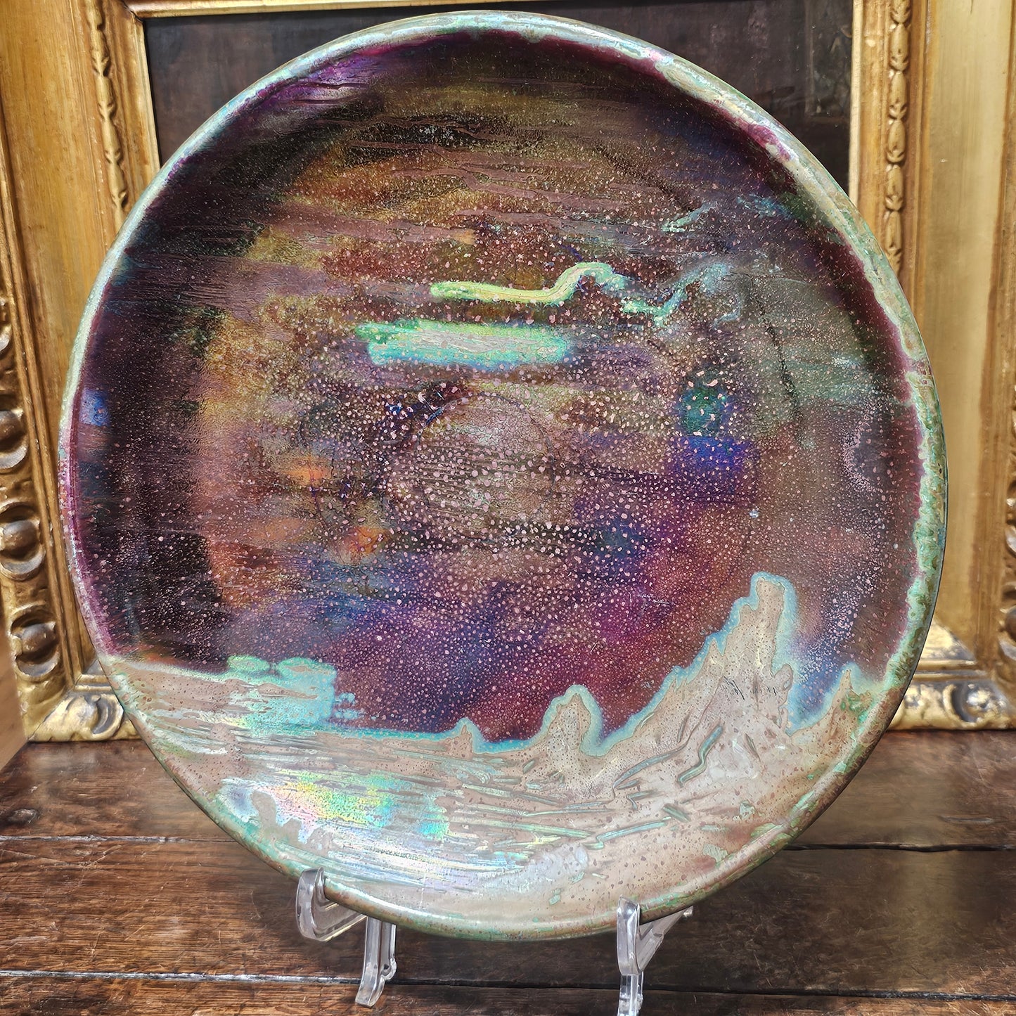 Clement Massier Large Art Nouveau Purple & Green Iridescent Pottery Charger