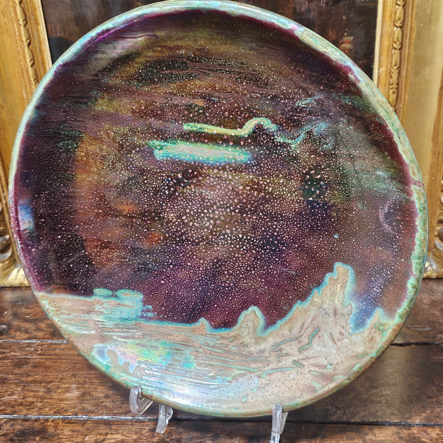 Clement Massier Large Art Nouveau Purple & Green Iridescent Pottery Charger