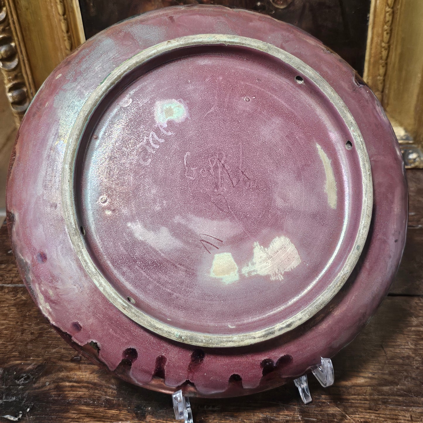 Clement Massier Large Art Nouveau Purple & Green Iridescent Pottery Charger