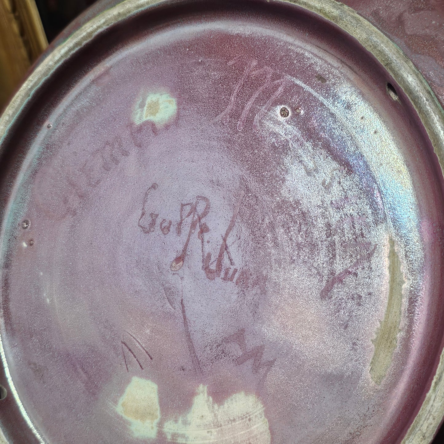 Clement Massier Large Art Nouveau Purple & Green Iridescent Pottery Charger