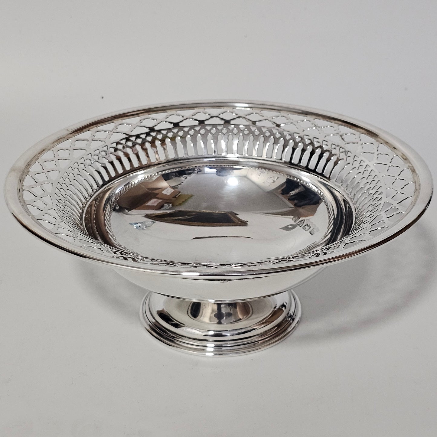 Delightful Silver Fretted Fruit Bowl on Pedestal Foot Barker Brothers 1925