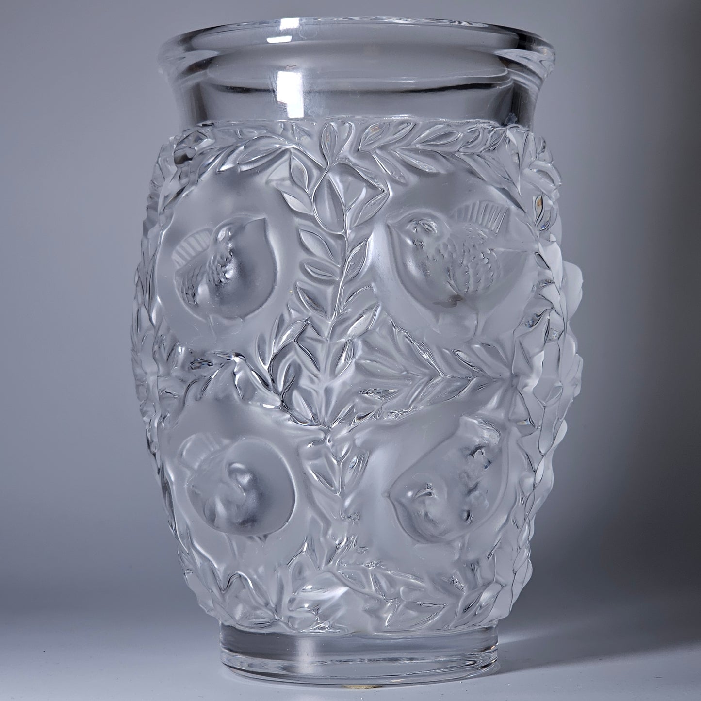 C1939 René Lalique Bagetelle Vase Deeply Moulded Birds Tree Signed 17.3cm Vgc