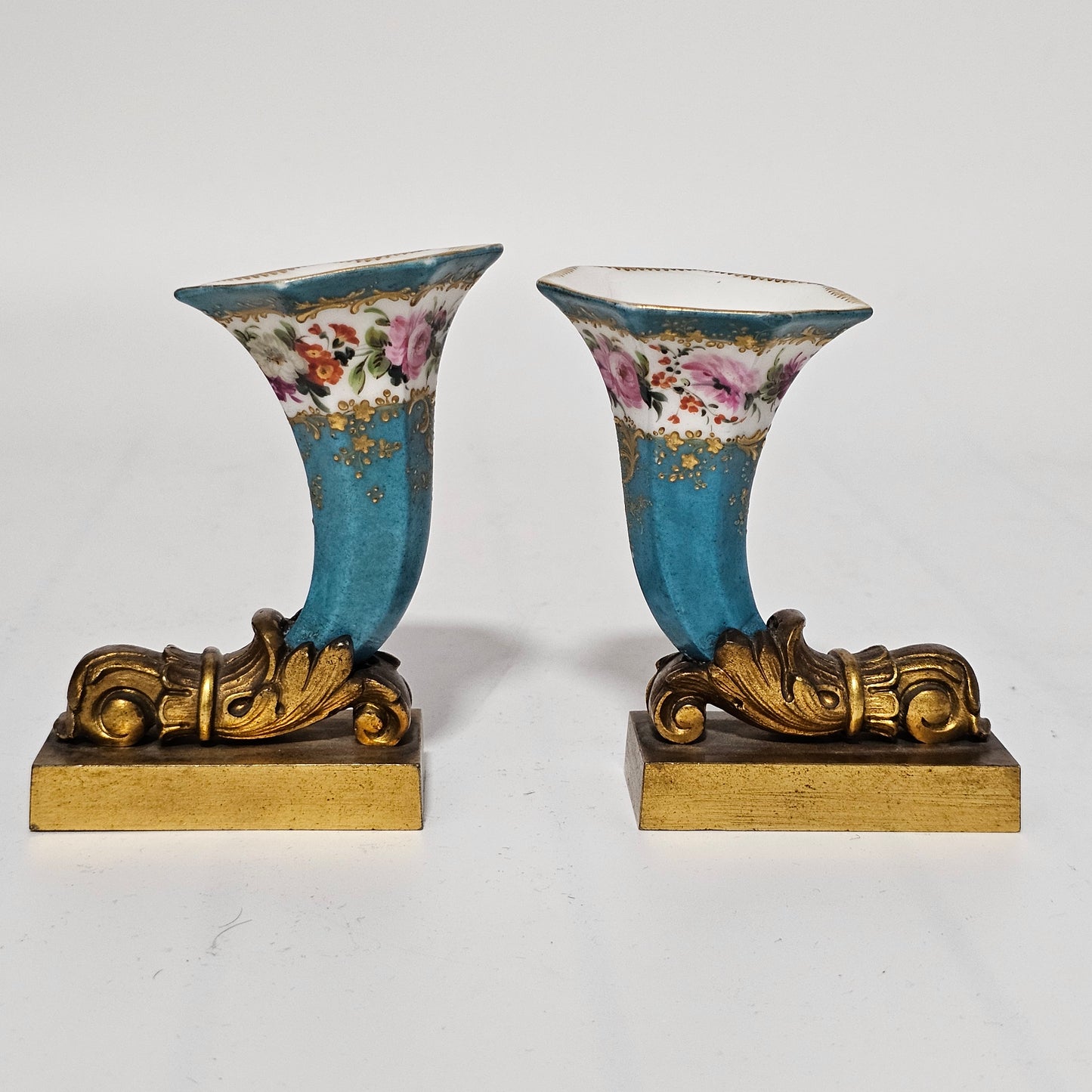 French 19thc Sevres Cornucopia Table Vases Mounted in Bronze Ormolu Mounts c1870