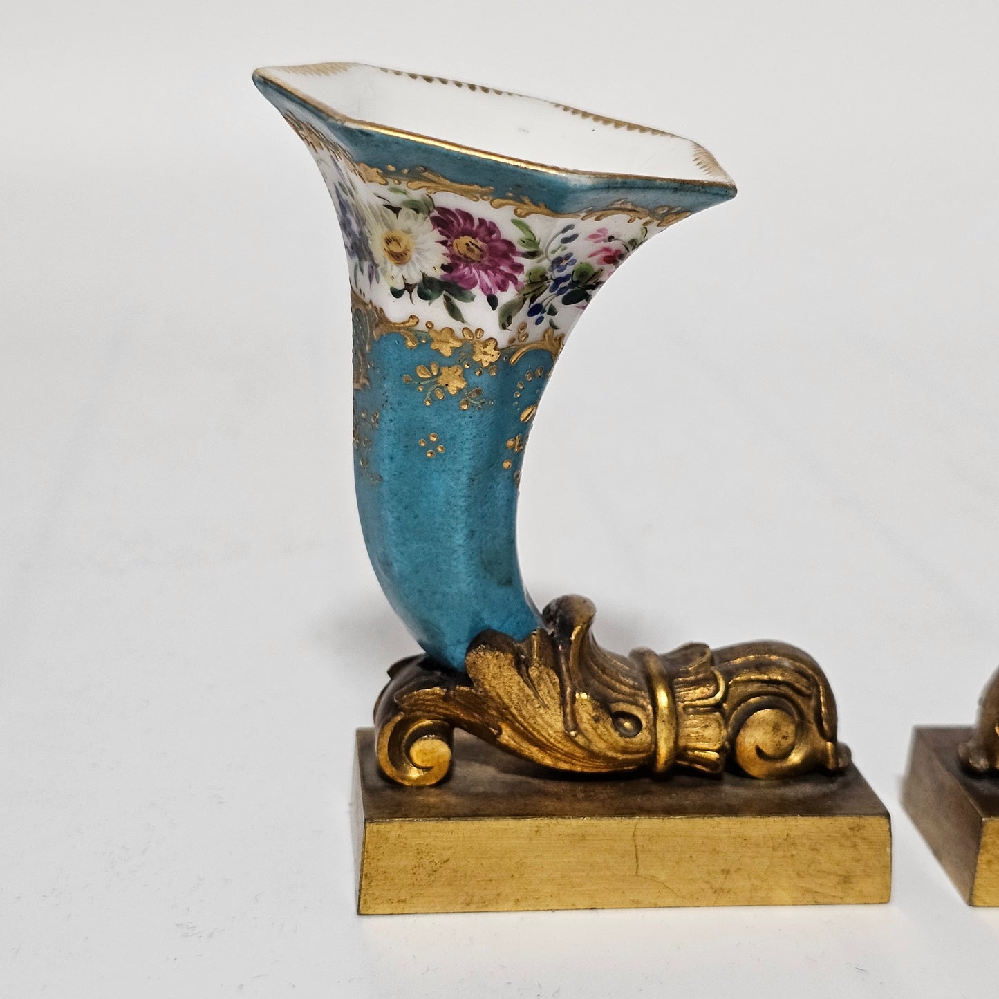 French 19thc Sevres Cornucopia Table Vases Mounted in Bronze Ormolu Mounts c1870