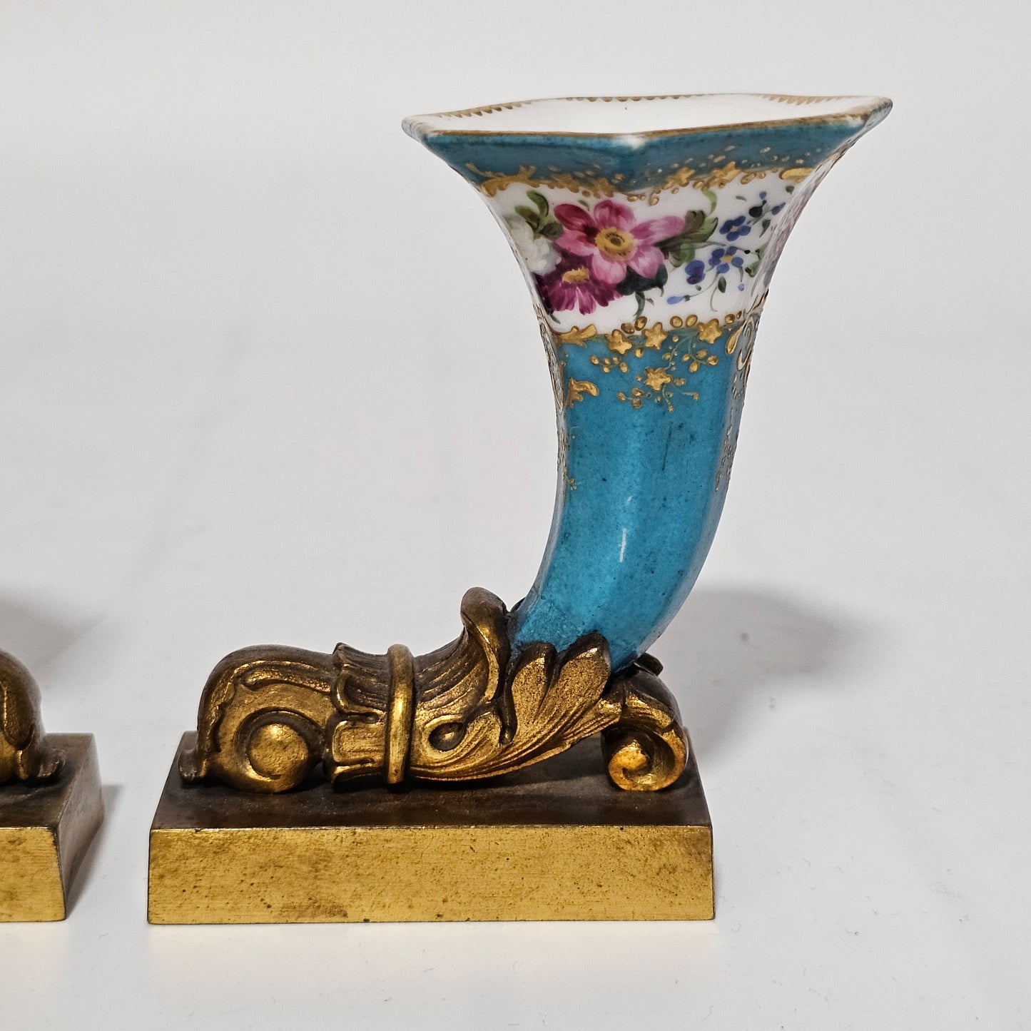 French 19thc Sevres Cornucopia Table Vases Mounted in Bronze Ormolu Mounts c1870