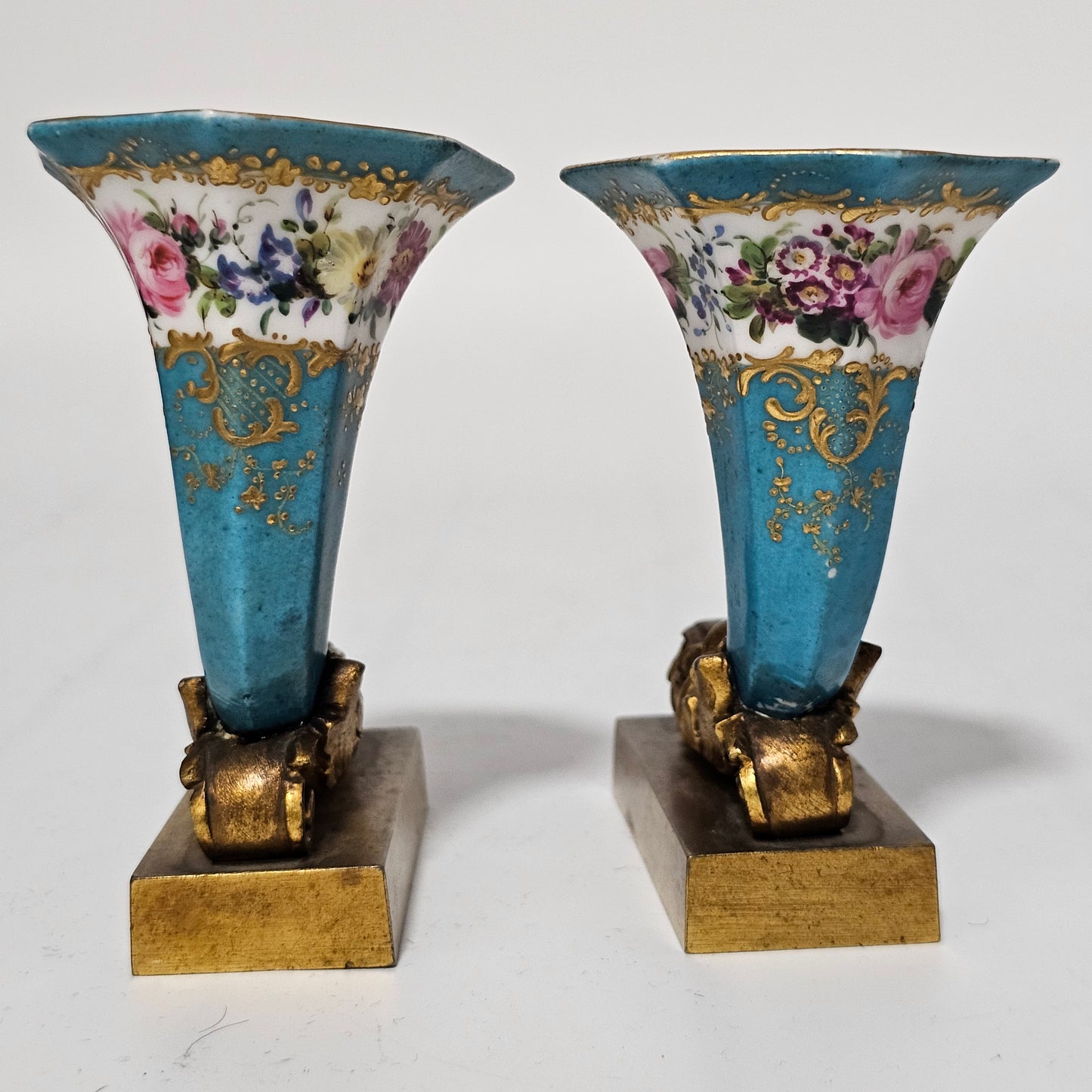 French 19thc Sevres Cornucopia Table Vases Mounted in Bronze Ormolu Mounts c1870