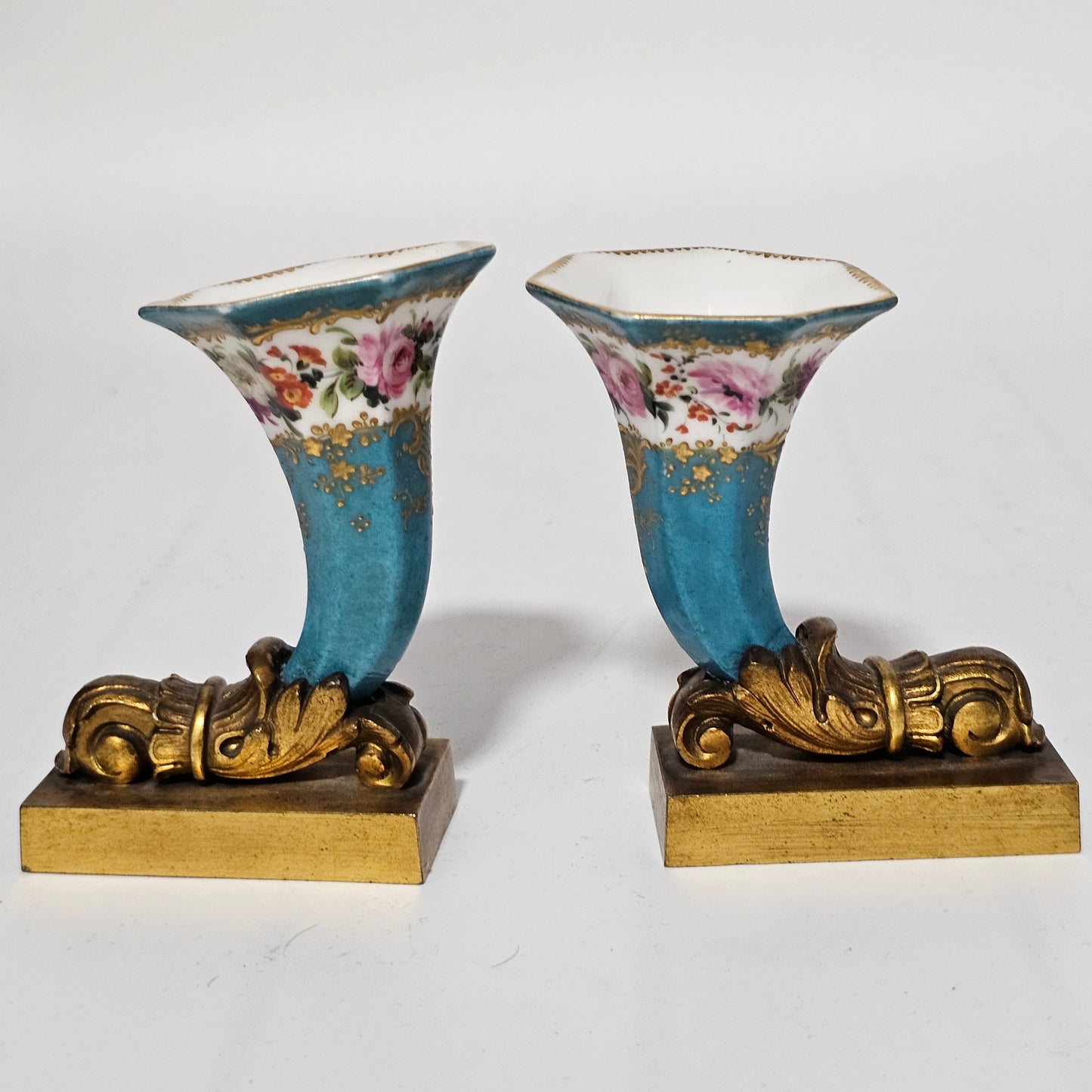 French 19thc Sevres Cornucopia Table Vases Mounted in Bronze Ormolu Mounts c1870