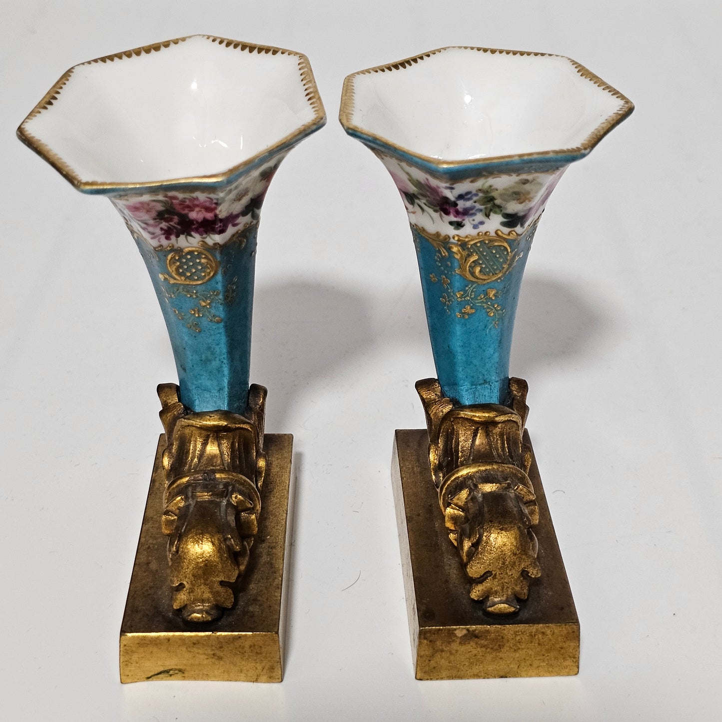 French 19thc Sevres Cornucopia Table Vases Mounted in Bronze Ormolu Mounts c1870