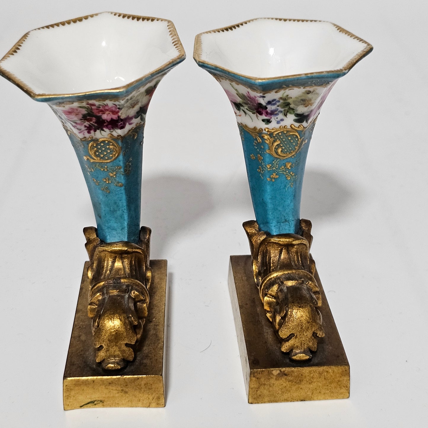 French 19thc Sevres Cornucopia Table Vases Mounted in Bronze Ormolu Mounts c1870