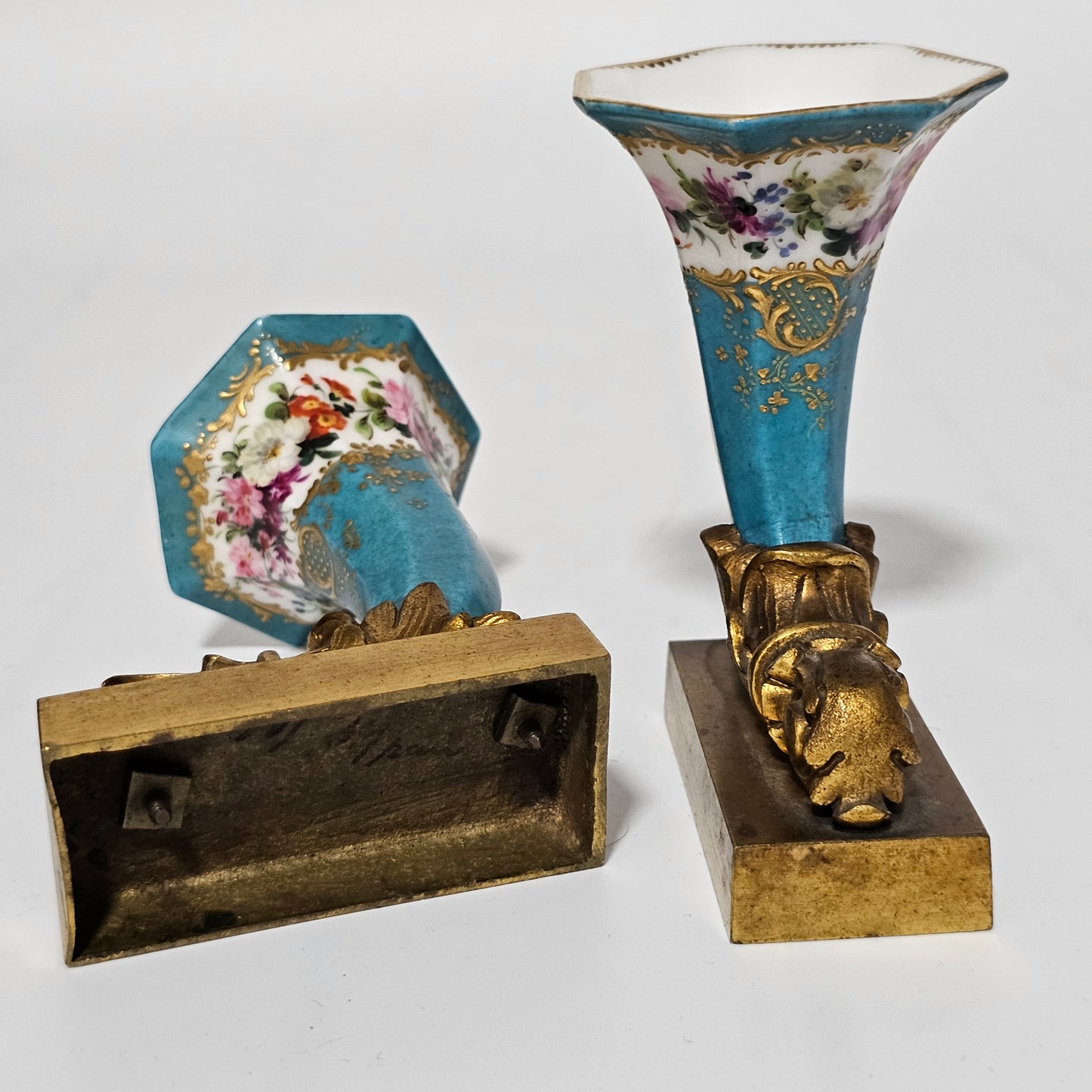 French 19thc Sevres Cornucopia Table Vases Mounted in Bronze Ormolu Mounts c1870