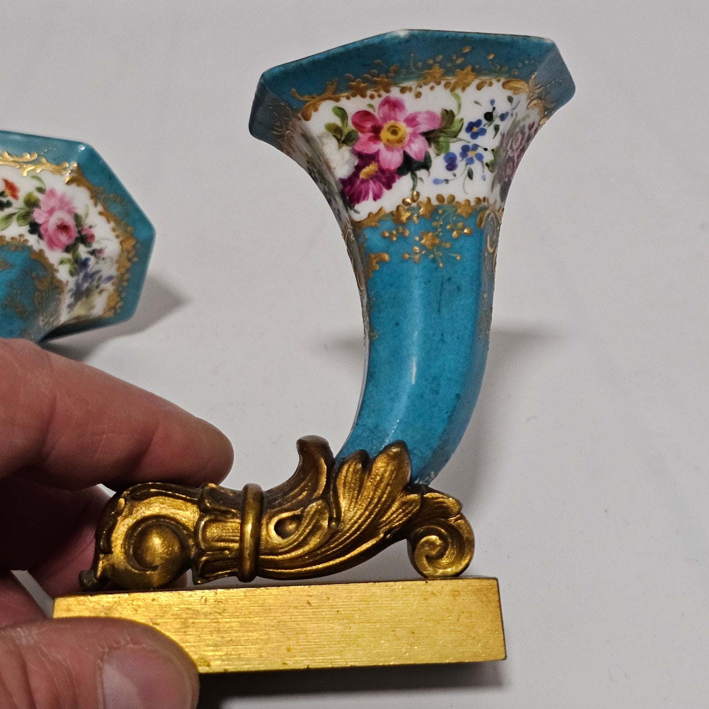 French 19thc Sevres Cornucopia Table Vases Mounted in Bronze Ormolu Mounts c1870