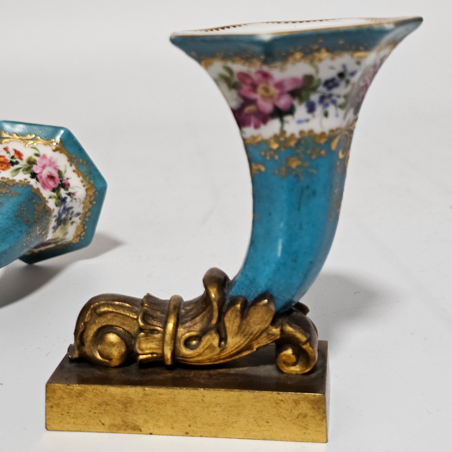 French 19thc Sevres Cornucopia Table Vases Mounted in Bronze Ormolu Mounts c1870