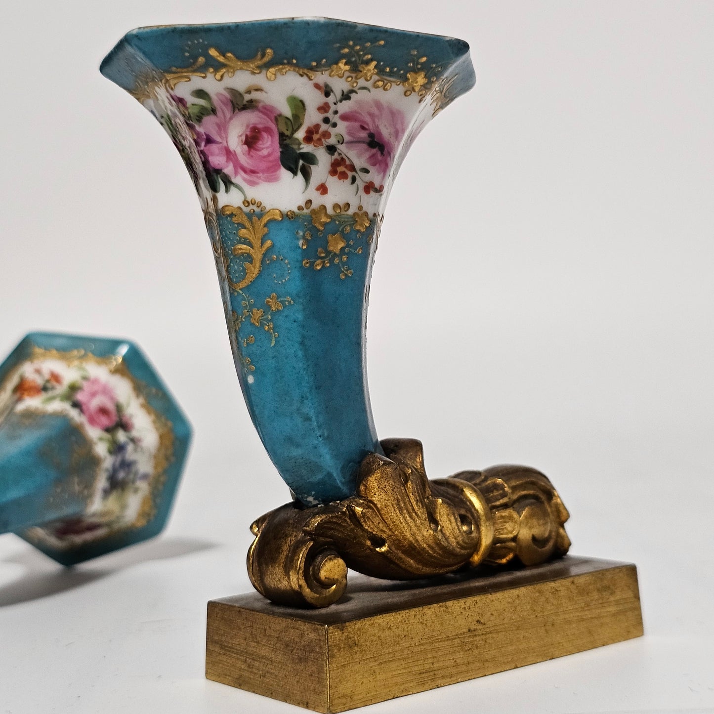 French 19thc Sevres Cornucopia Table Vases Mounted in Bronze Ormolu Mounts c1870