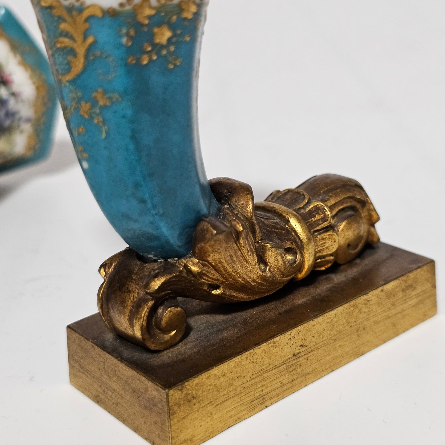 French 19thc Sevres Cornucopia Table Vases Mounted in Bronze Ormolu Mounts c1870