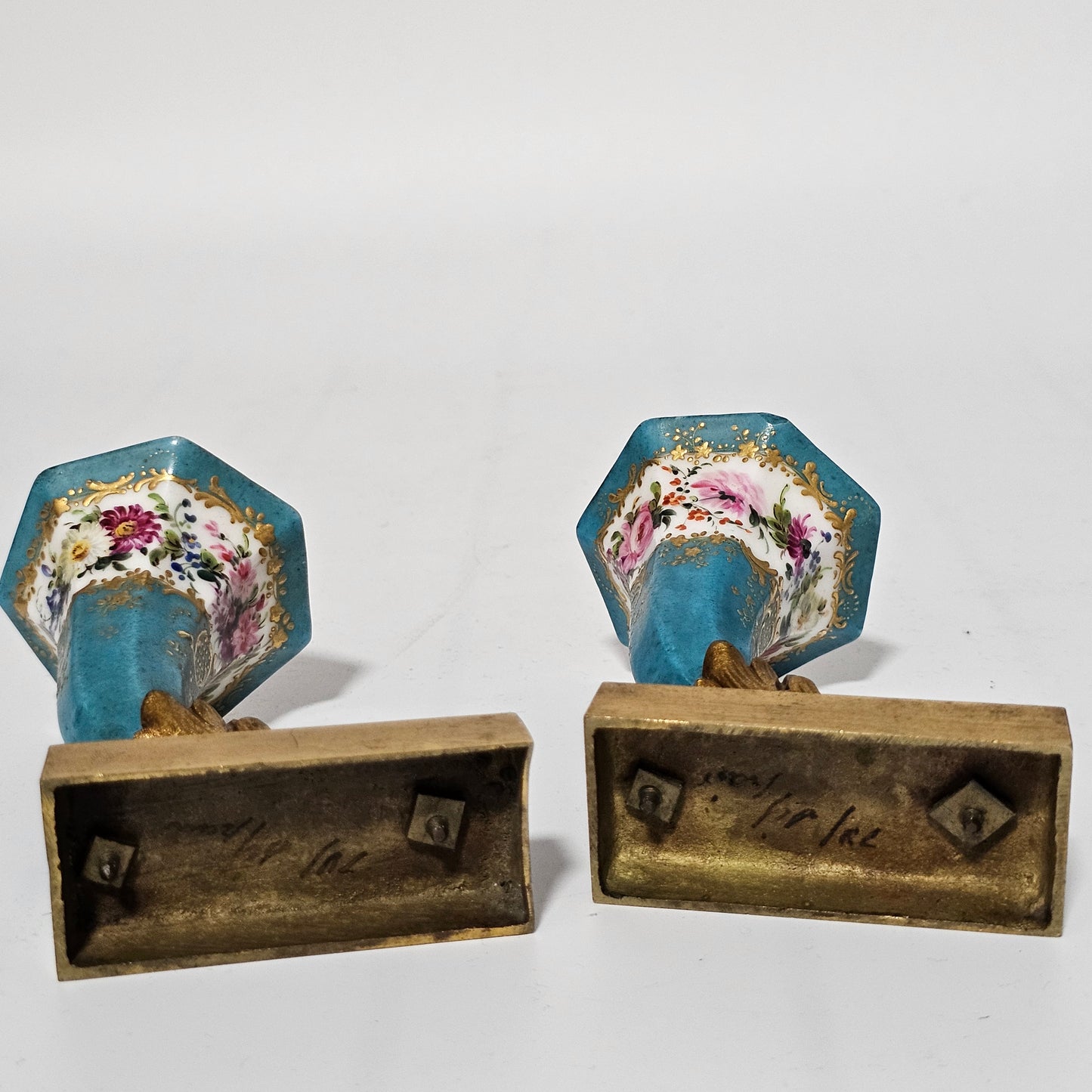 French 19thc Sevres Cornucopia Table Vases Mounted in Bronze Ormolu Mounts c1870
