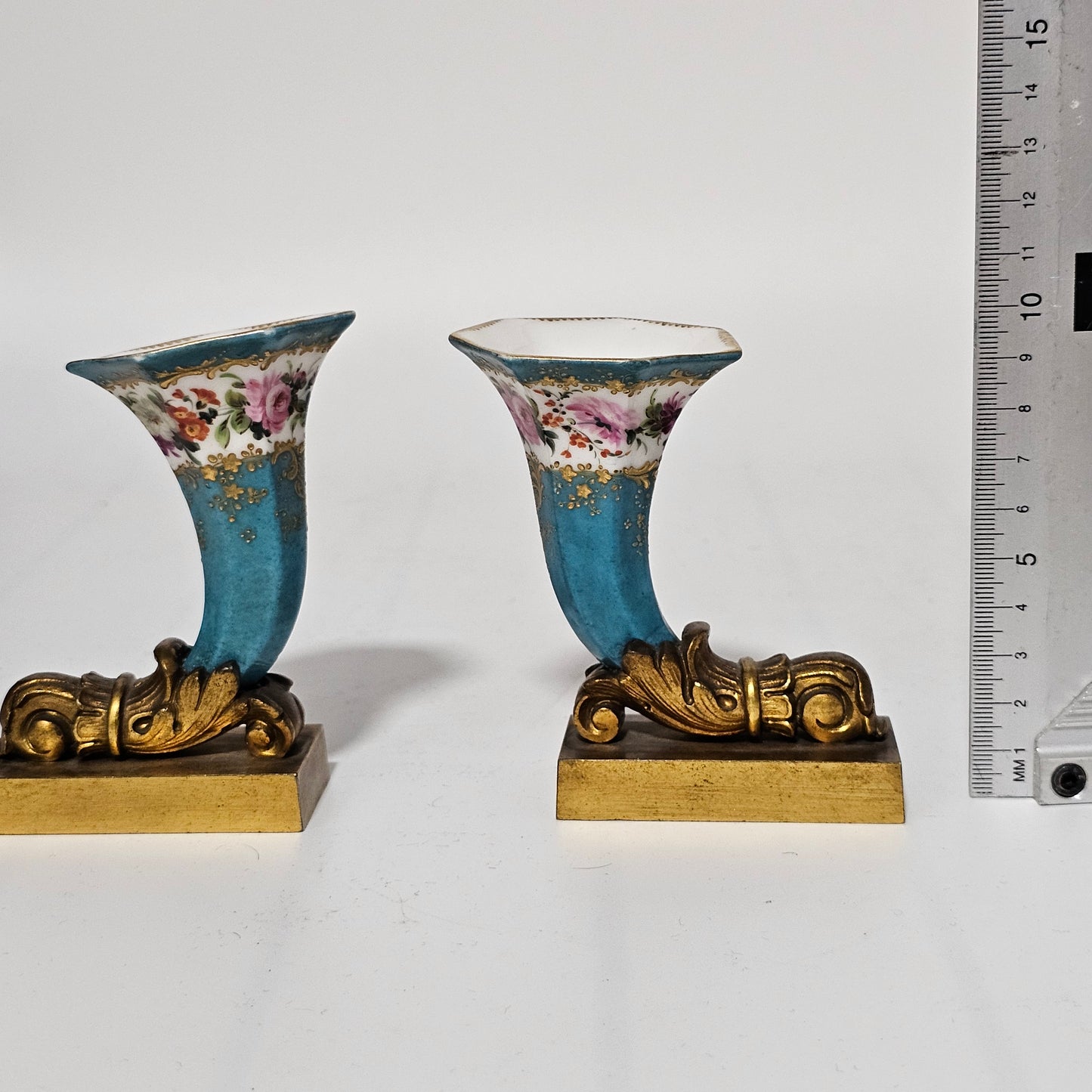 French 19thc Sevres Cornucopia Table Vases Mounted in Bronze Ormolu Mounts c1870