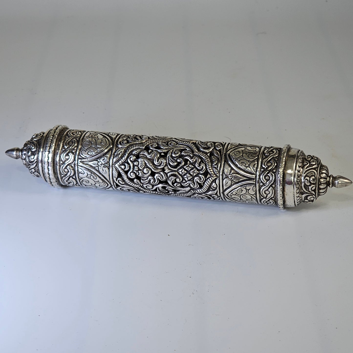 Mid-19th Century Ornate Silver Scroll Holder, Moroccan Jewish Judaica Antique