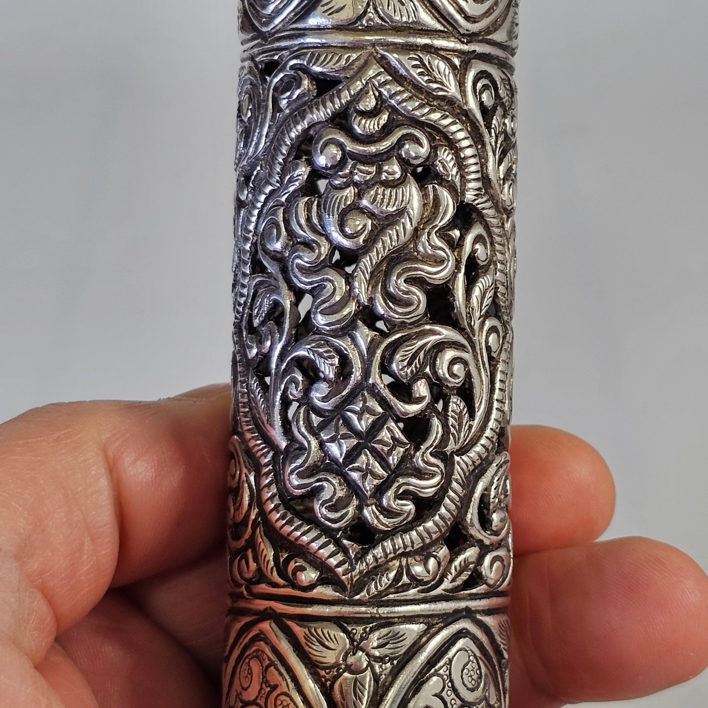 Mid-19th Century Ornate Silver Scroll Holder, Moroccan Jewish Judaica Antique