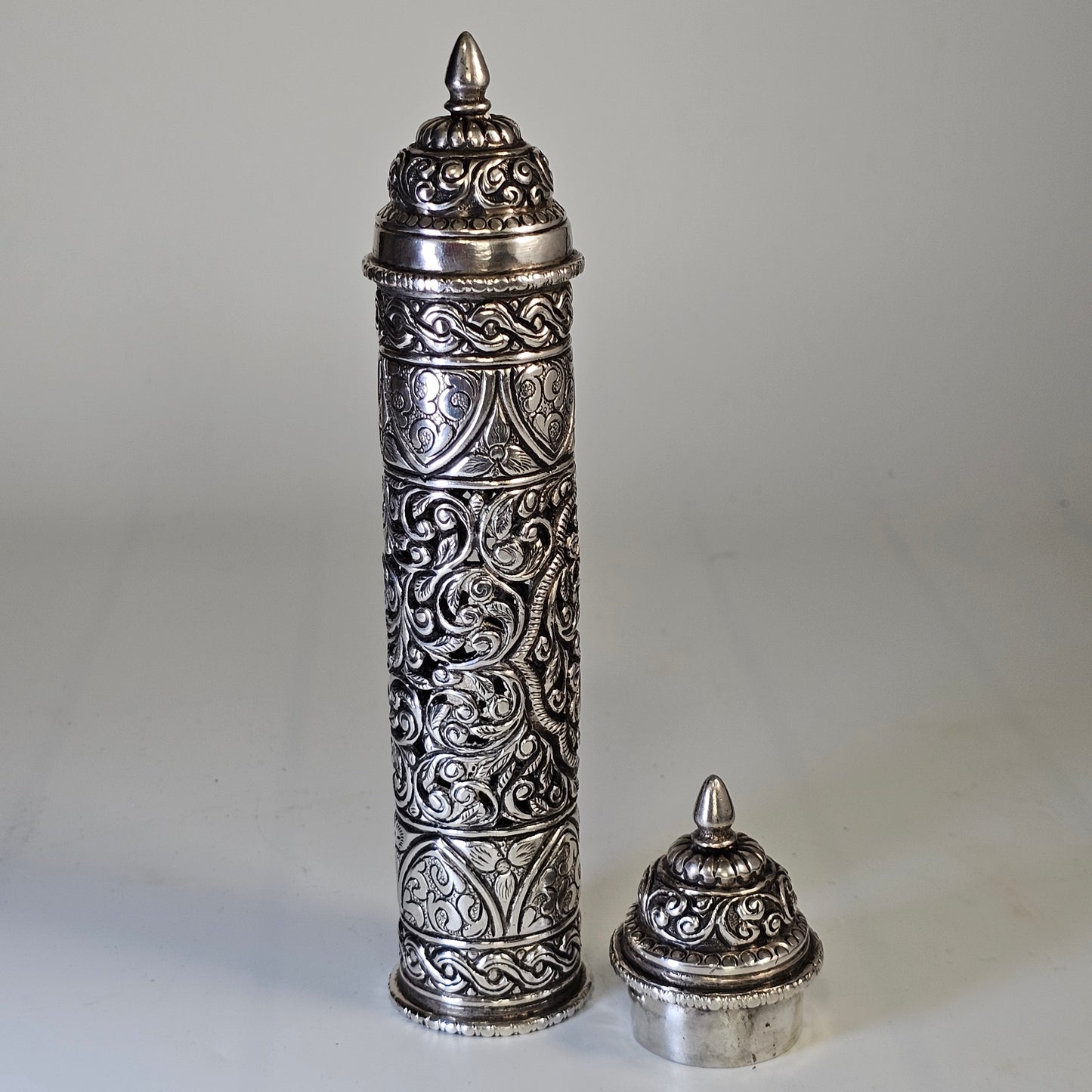 Mid-19th Century Ornate Silver Scroll Holder, Moroccan Jewish Judaica Antique