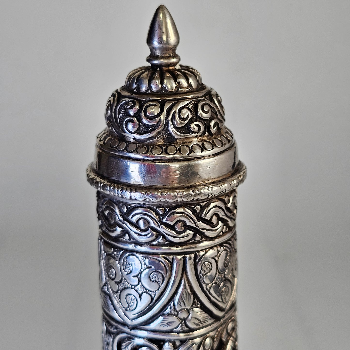 Mid-19th Century Ornate Silver Scroll Holder, Moroccan Jewish Judaica Antique