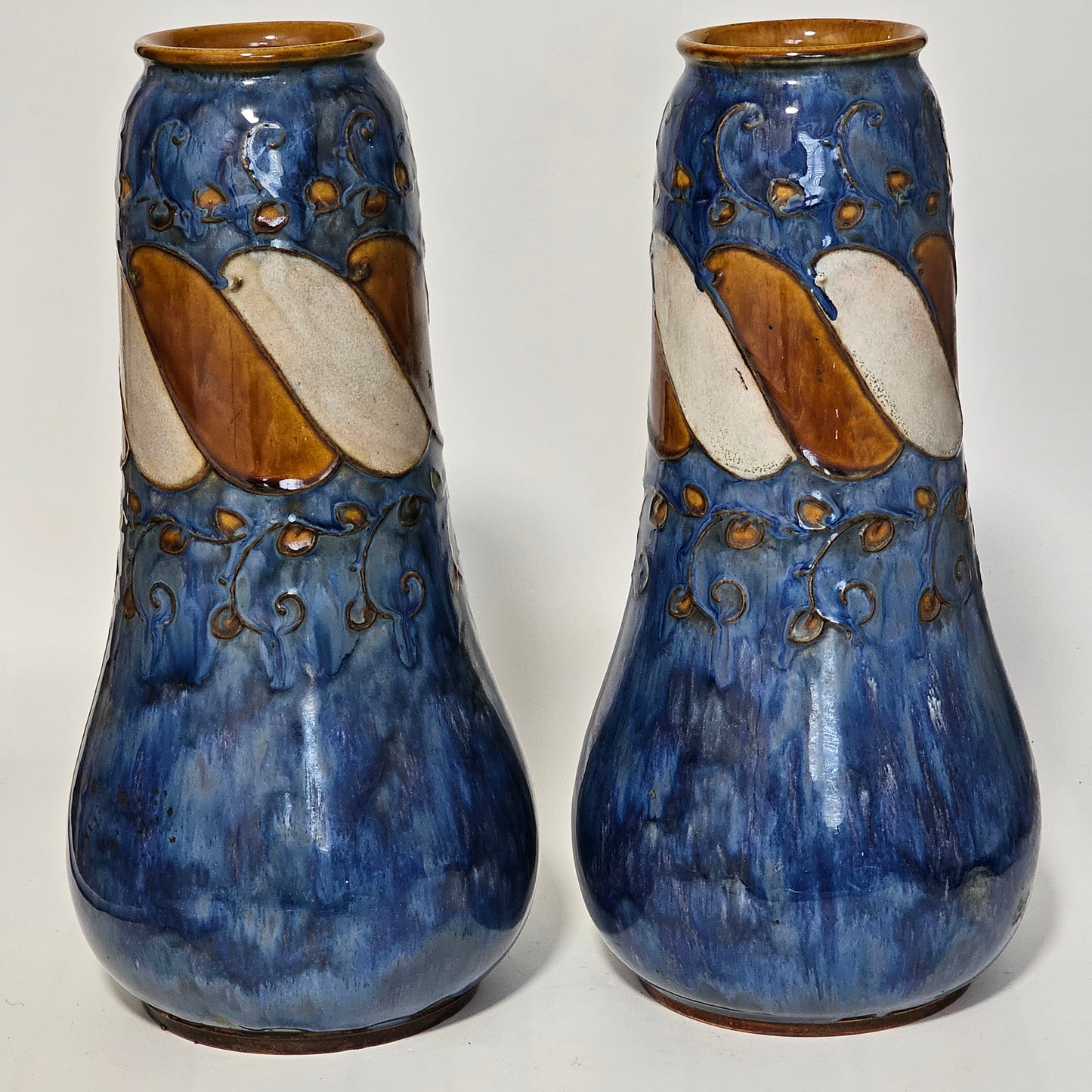 Stunning Large Doulton Arts & Crafts Vases by Bessie Newbury c1900 32 cm