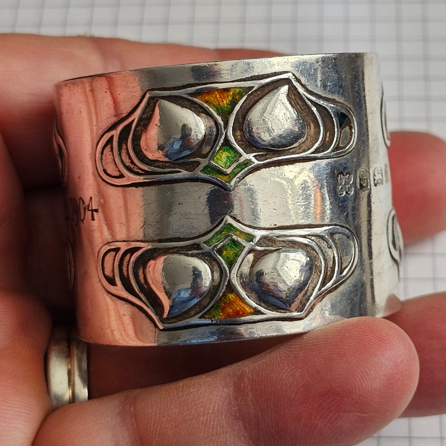 Superb, Rare Enamelled Art Nouveau Liberty & Co. Sterl Silver Napkin Ring c1904