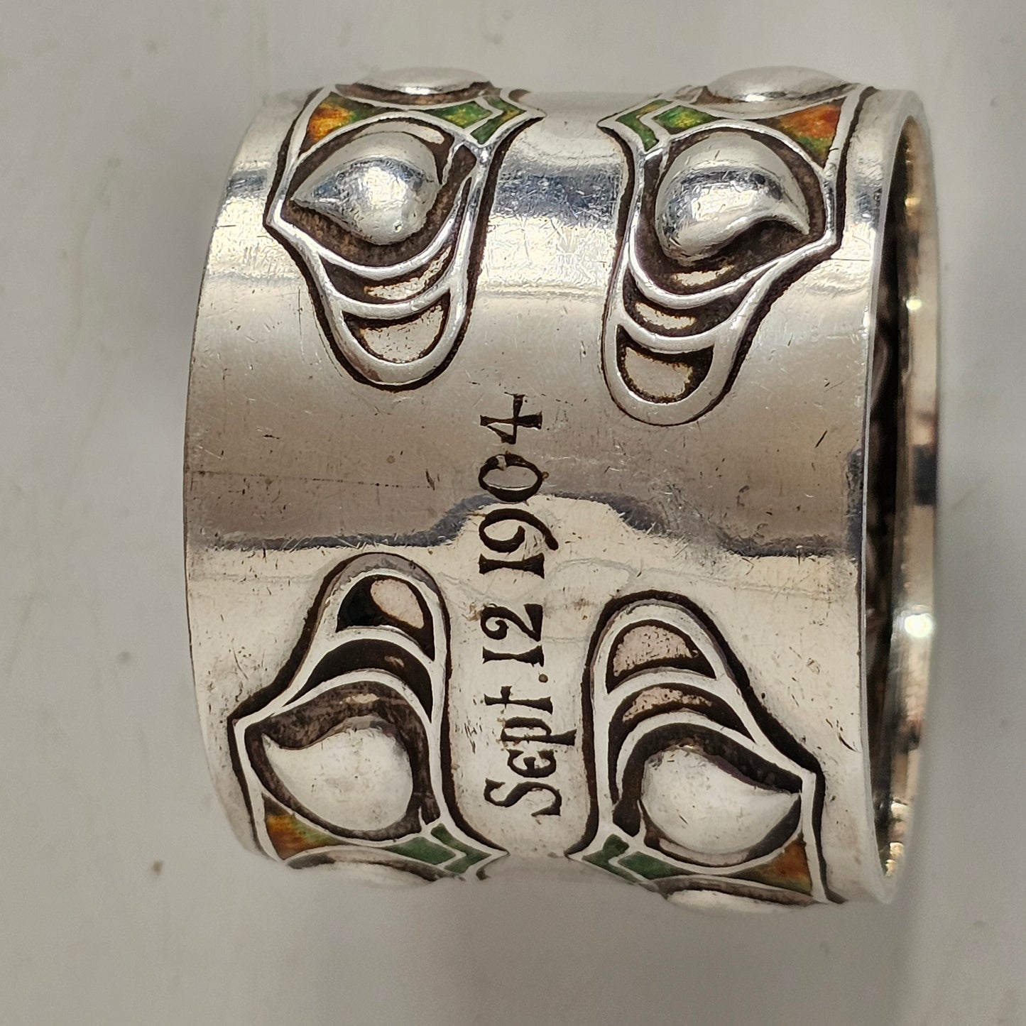Superb, Rare Enamelled Art Nouveau Liberty & Co. Sterl Silver Napkin Ring c1904