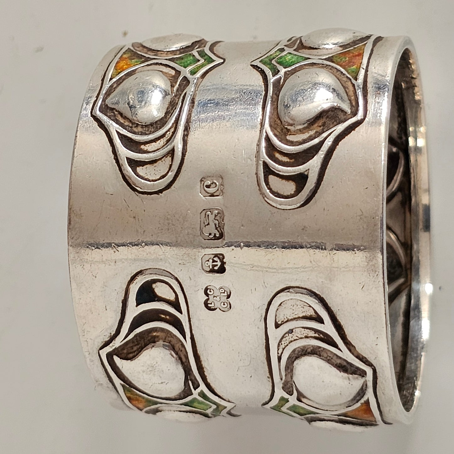 Superb, Rare Enamelled Art Nouveau Liberty & Co. Sterl Silver Napkin Ring c1904