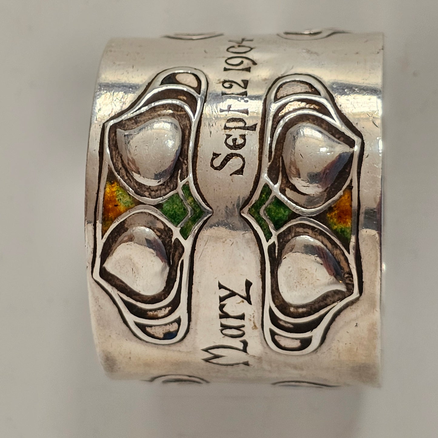 Superb, Rare Enamelled Art Nouveau Liberty & Co. Sterl Silver Napkin Ring c1904