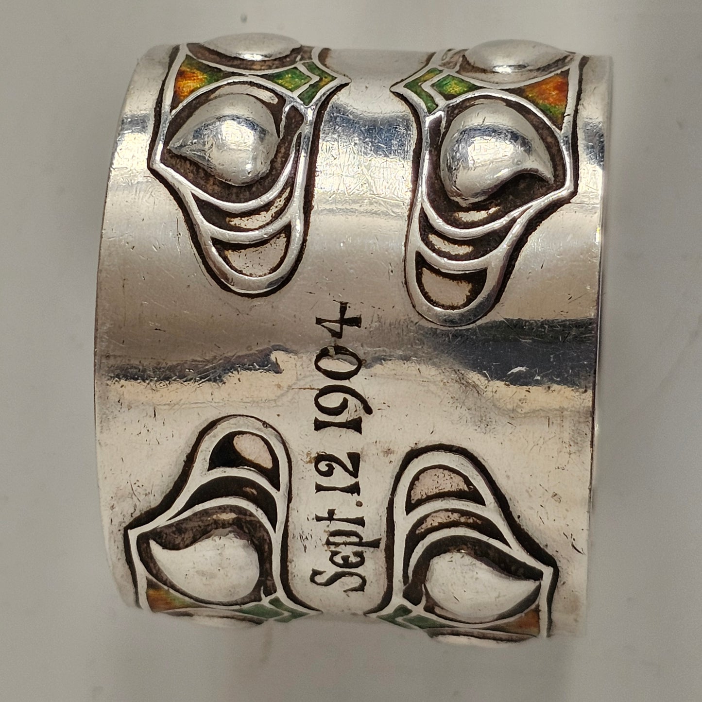 Superb, Rare Enamelled Art Nouveau Liberty & Co. Sterl Silver Napkin Ring c1904