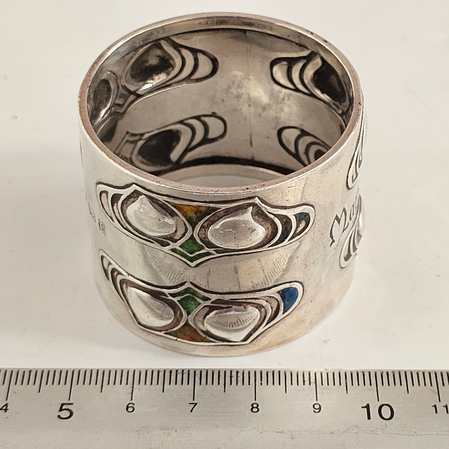 Superb, Rare Enamelled Art Nouveau Liberty & Co. Sterl Silver Napkin Ring c1904