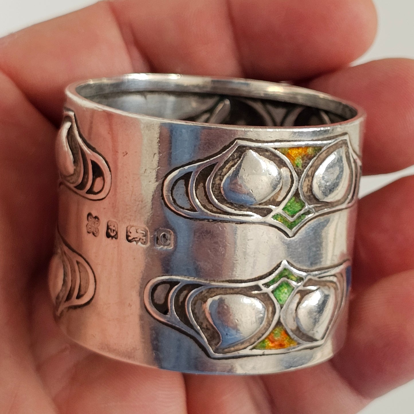 Superb, Rare Enamelled Art Nouveau Liberty & Co. Sterl Silver Napkin Ring c1904
