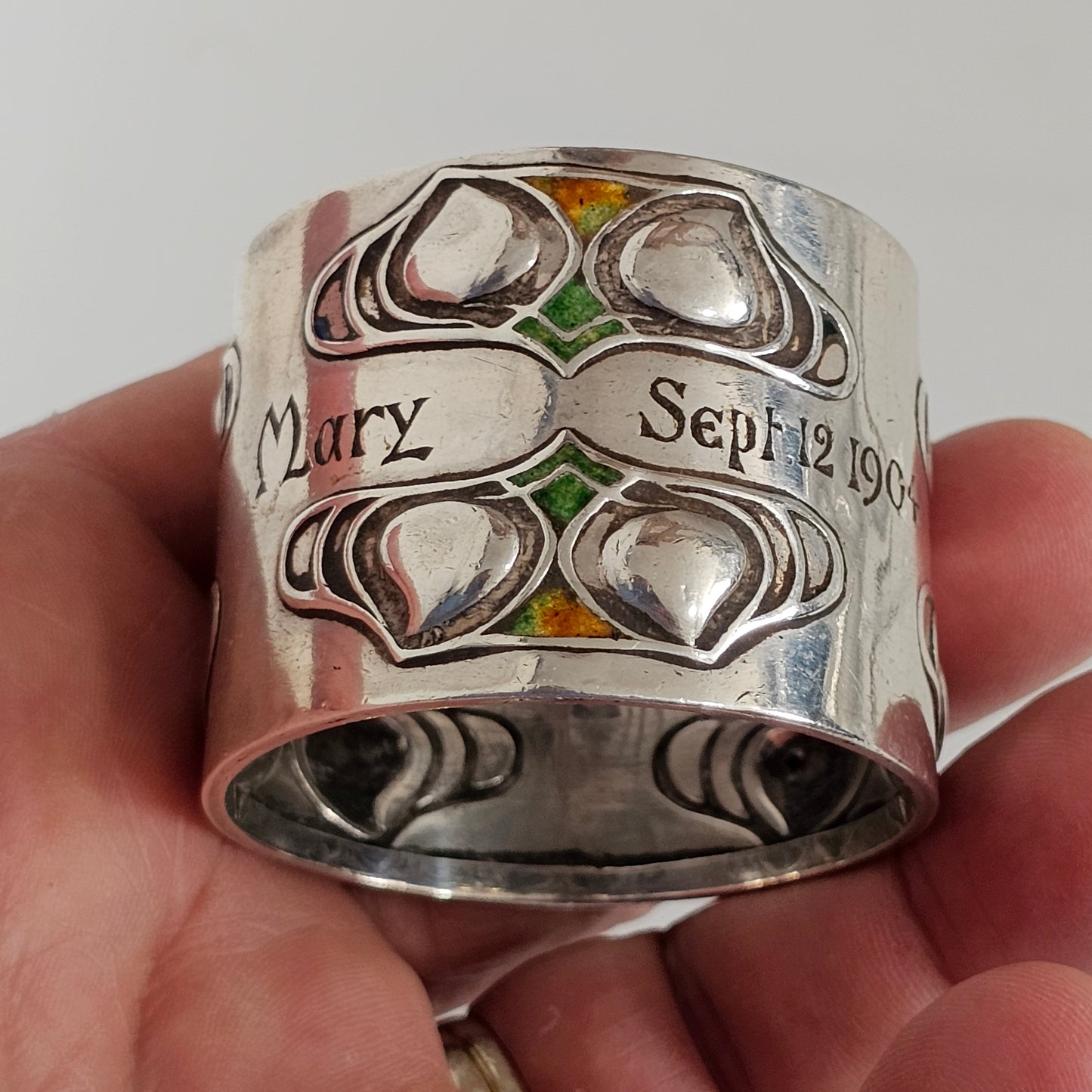 Superb, Rare Enamelled Art Nouveau Liberty & Co. Sterl Silver Napkin Ring c1904