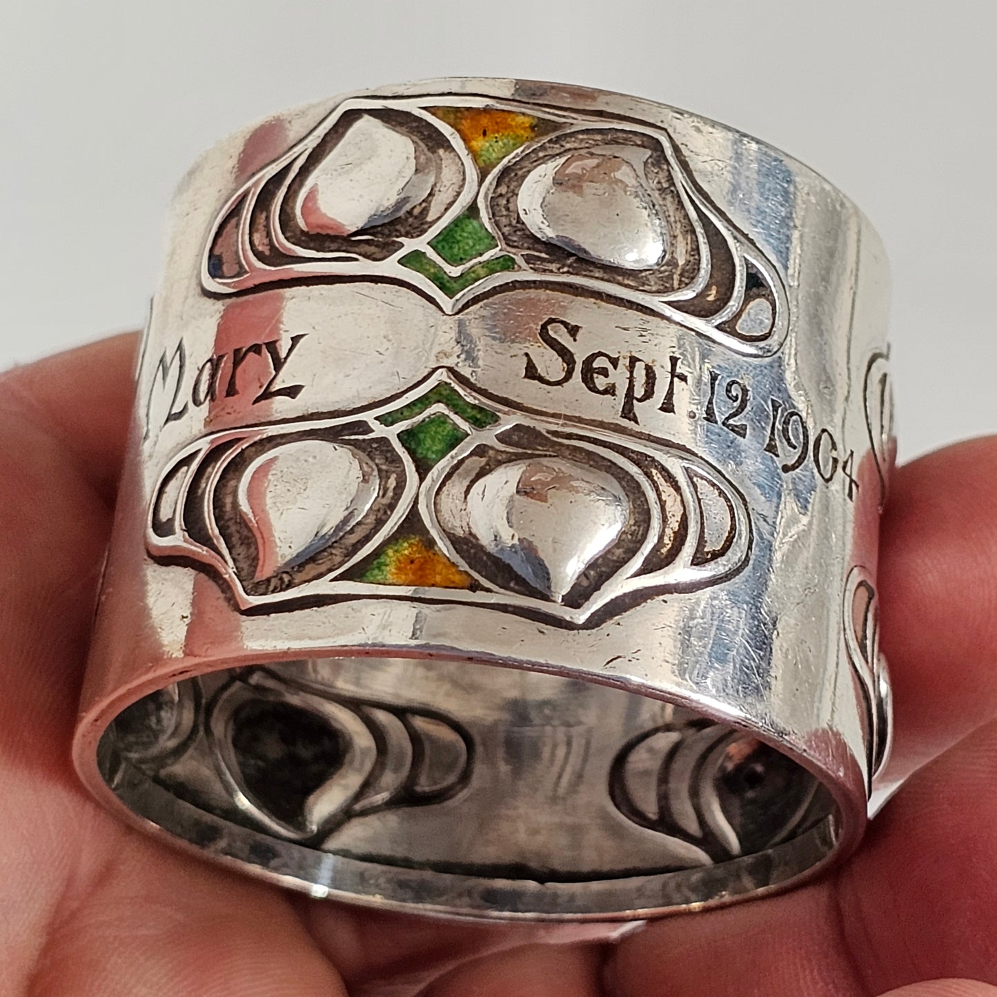 Superb, Rare Enamelled Art Nouveau Liberty & Co. Sterl Silver Napkin Ring c1904