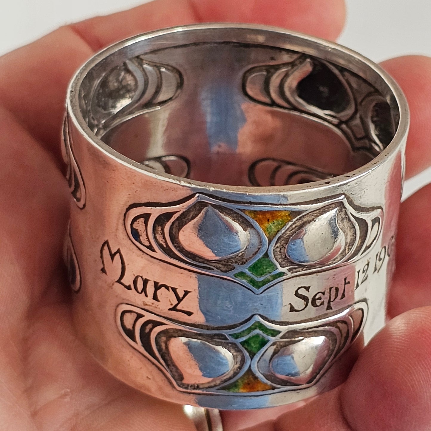 Superb, Rare Enamelled Art Nouveau Liberty & Co. Sterl Silver Napkin Ring c1904