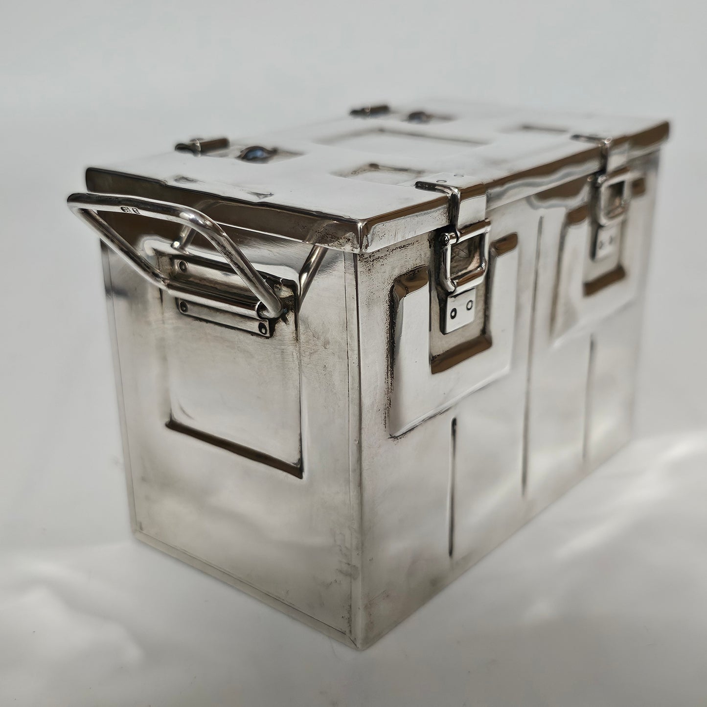 Very Fine and Unusual Silver Casket Modelled as a Coffer for Cigarettes c1941